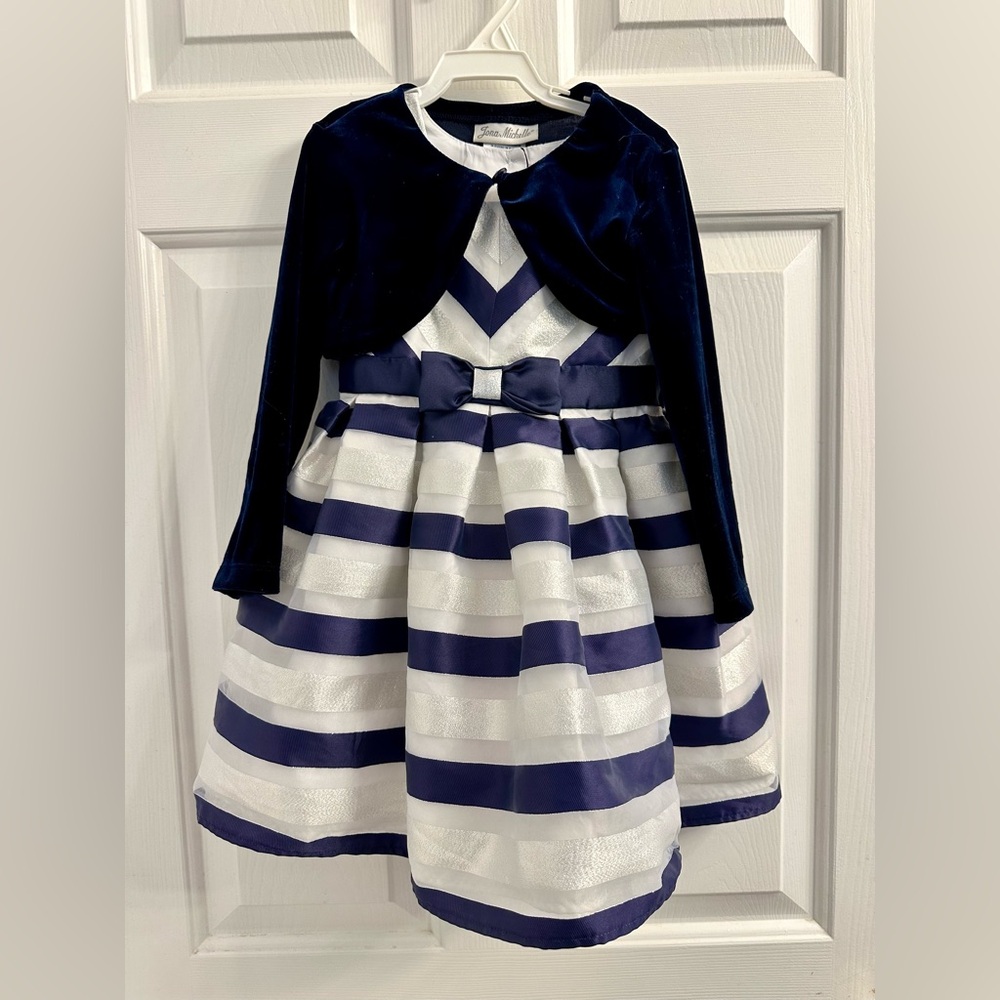 Jona Michelle Navy, White, Silver Party Holiday Dress with Cardigan, Size 3T